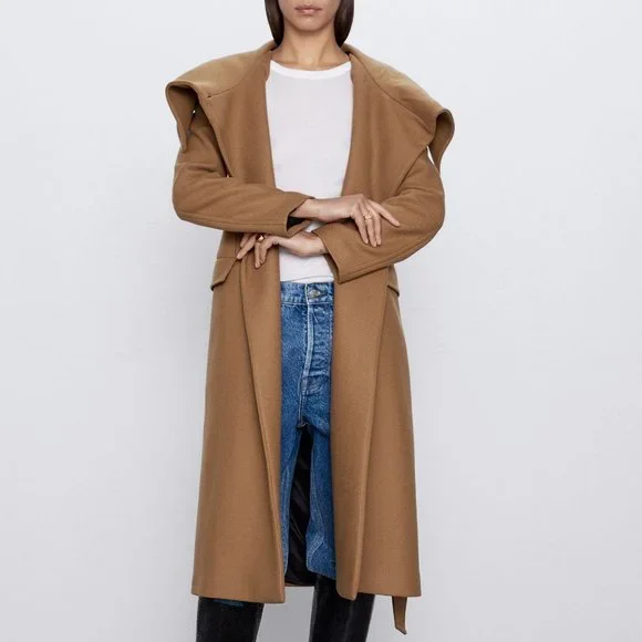 Zara Camel Wool Coat with Wrap Collar